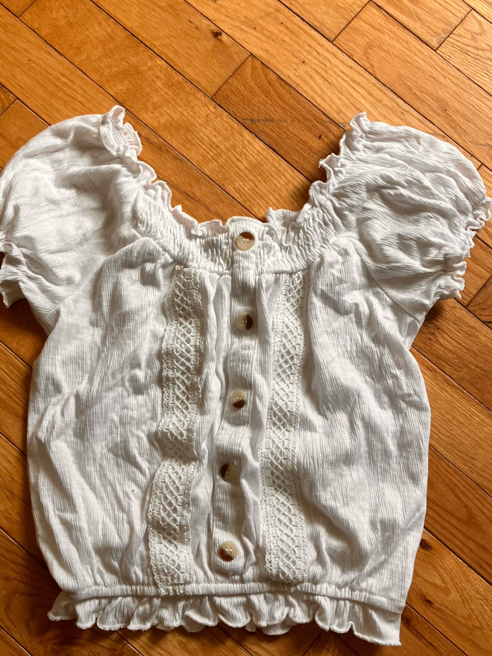 Tahari White Smocked Button-Front Puff Sleeve Top